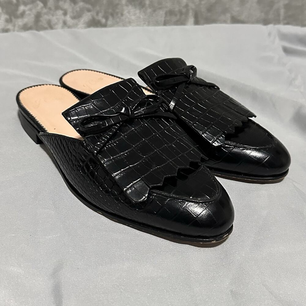 J Crew Womens Croc Embossed Leather Mules Size 5.5 Black Office Luxury Statement